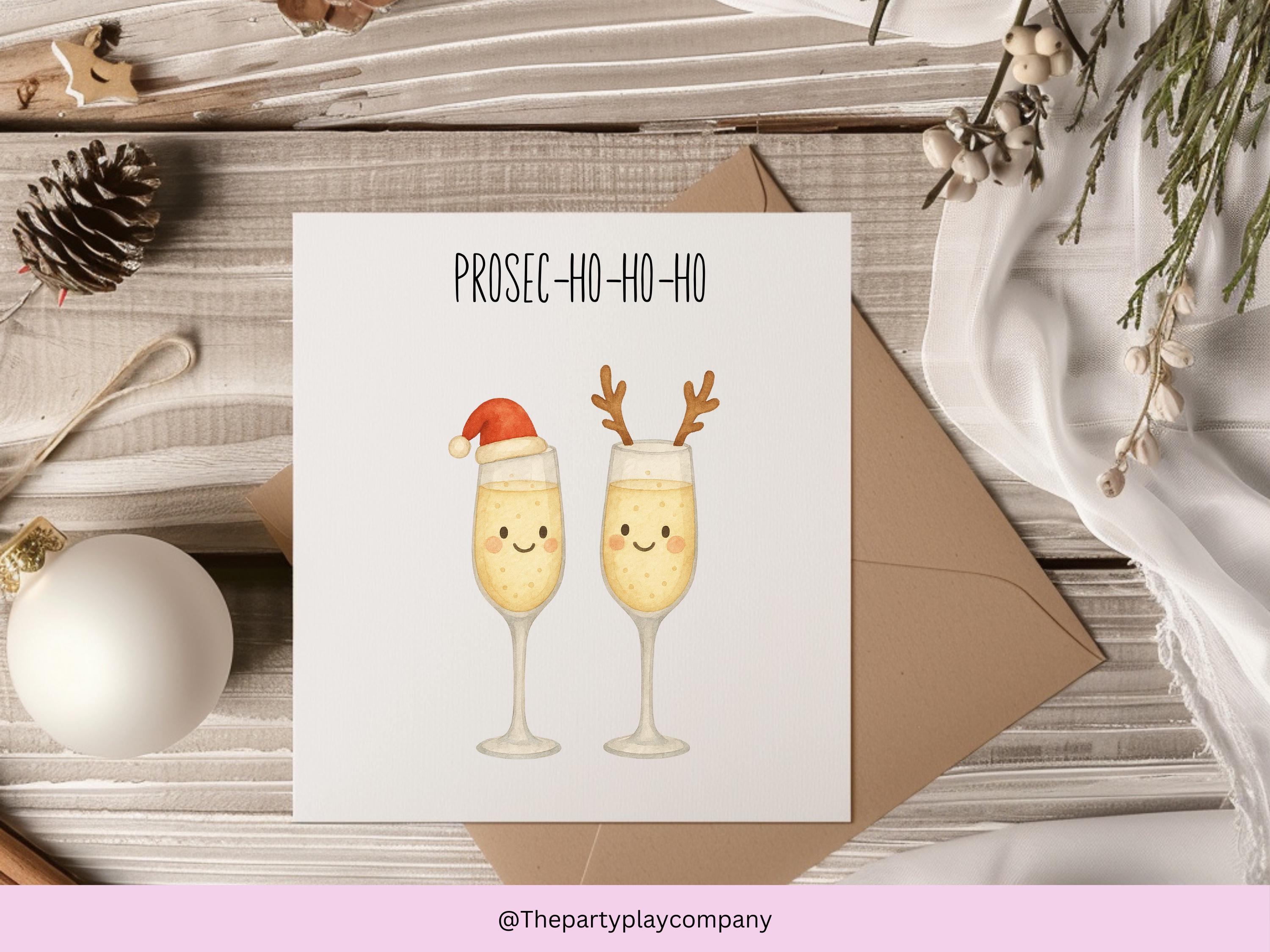 Funny Christmas Card | Prosecco Pun Xmas Card | Prosec-ho-ho-ho Festive Drinks Card | Quirky Holiday Greeting | 4 for 10 Pound Offer