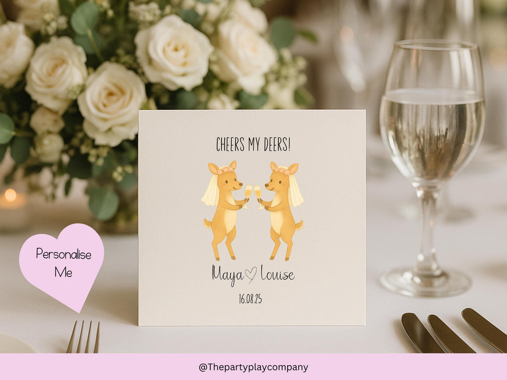 Funny Lesbian Wedding Card: Cheers My Deers Pun, Personalised LGBTQ+ Anniversary Card