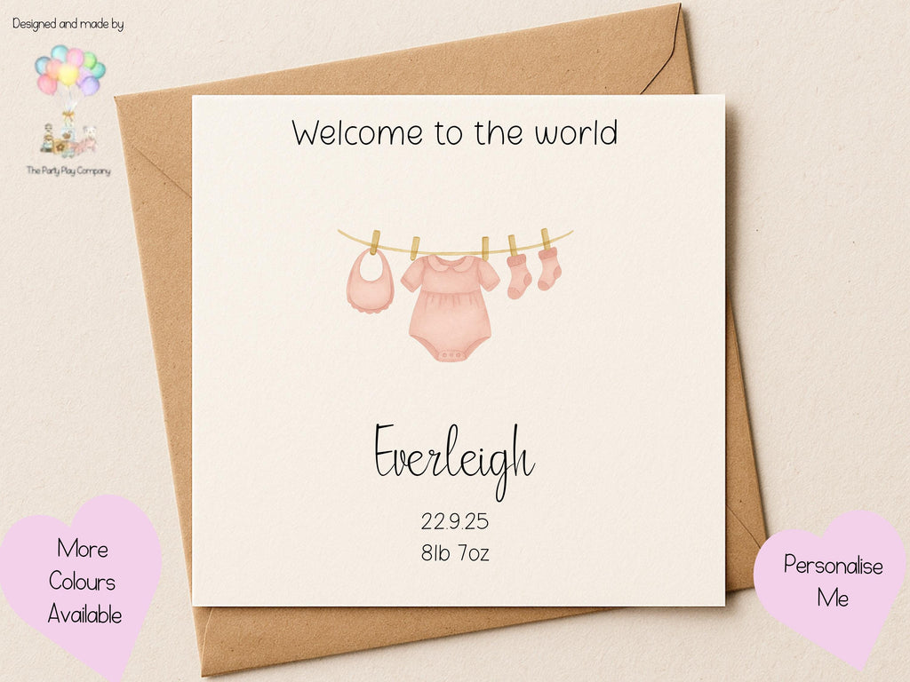 Personalized New Baby Girl Card: Pink Clothesline Design, Handmade Keepsake