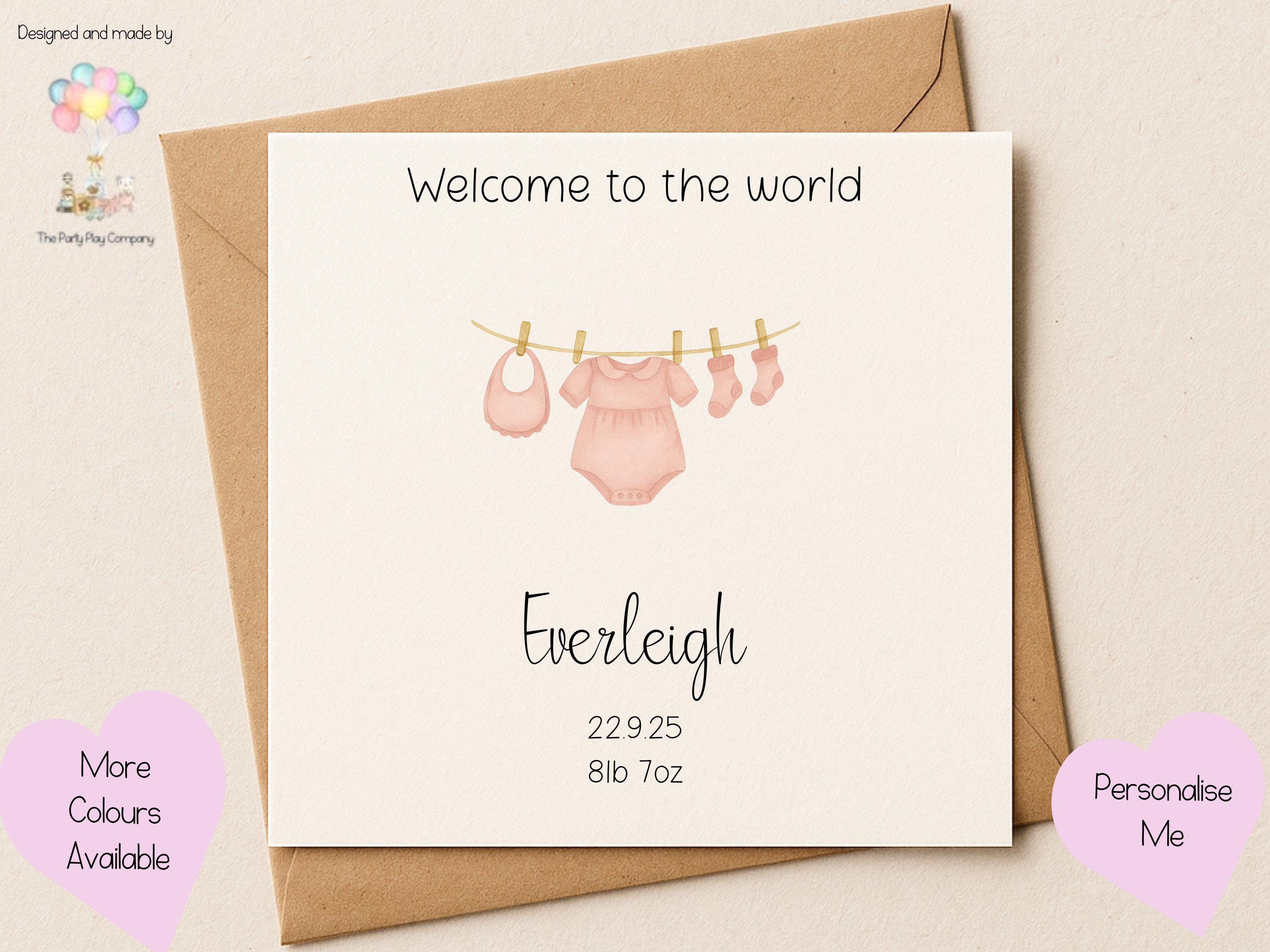 Personalized New Baby Girl Card: Pink Clothesline Design, Handmade Keepsake