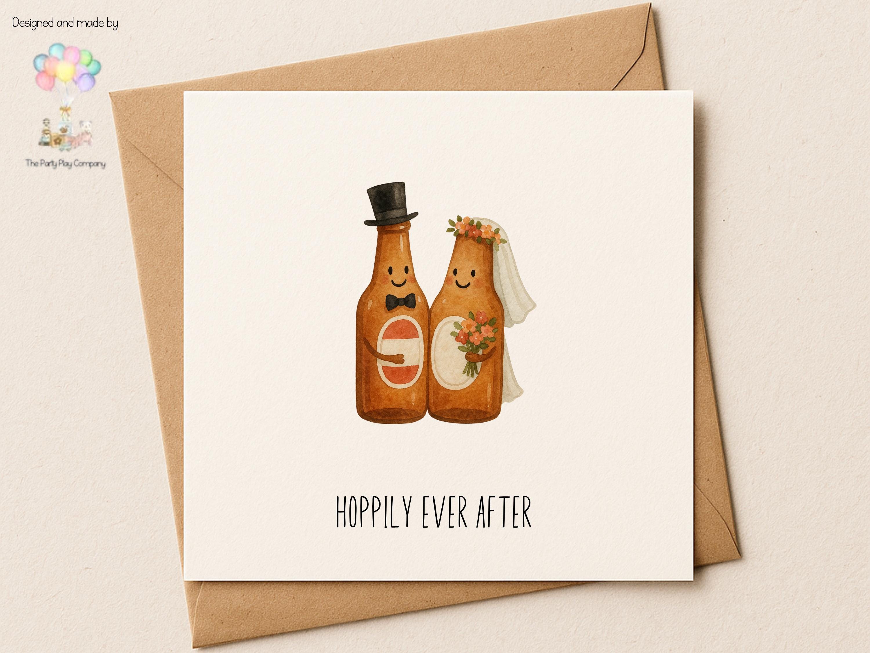 Funny Wedding Card: Hoppily Ever After Beer Bottle Bride & Groom