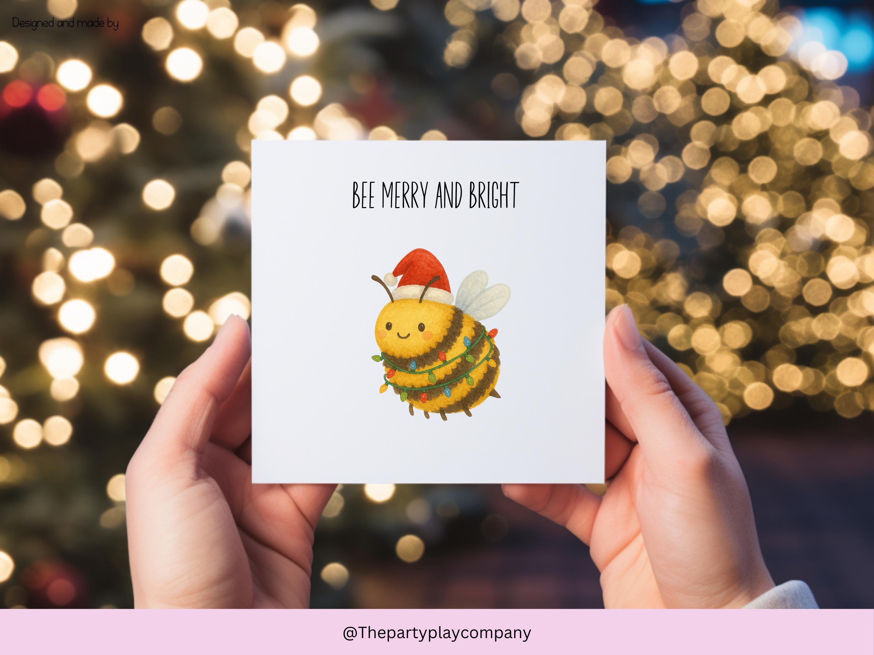 Bee Merry and Bright Christmas Card – Cute Bee Pun Christmas Card, Funny Festive Greeting for Bee Lovers