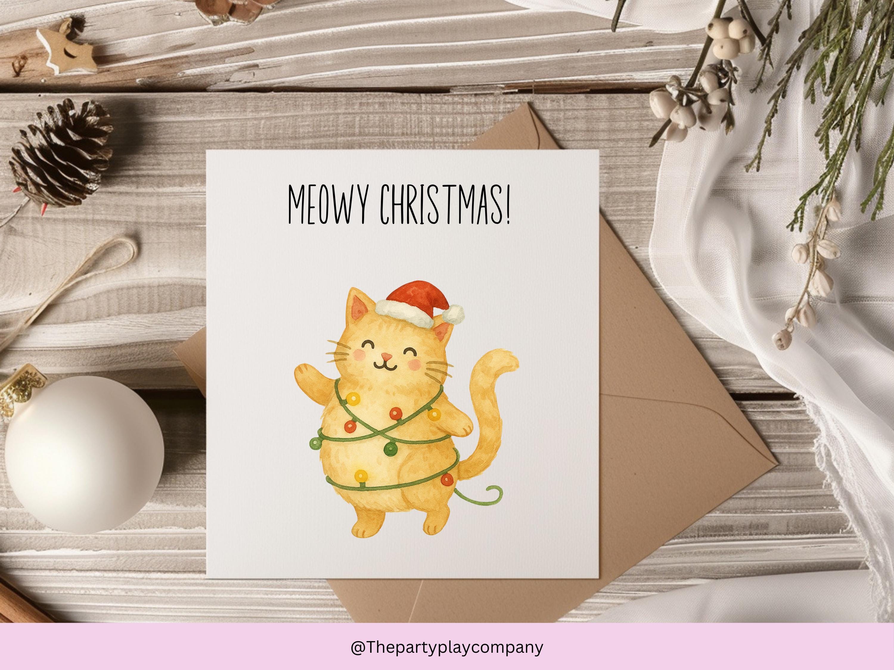 Meowy Christmas Card – Cute Cat Pun Christmas Card, Funny Festive Greeting for Cat Lovers
